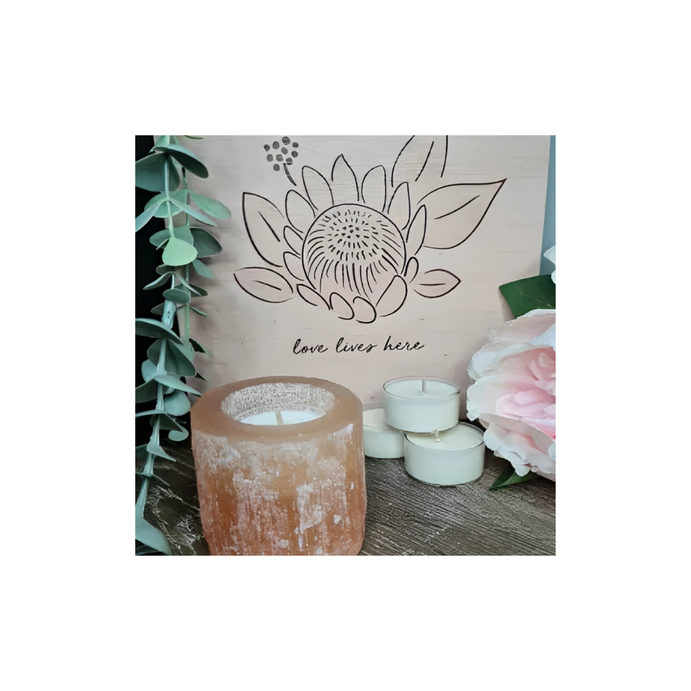 SELENITE CANDLE HOLDER + 6 TEA LIGHTS - PEACH