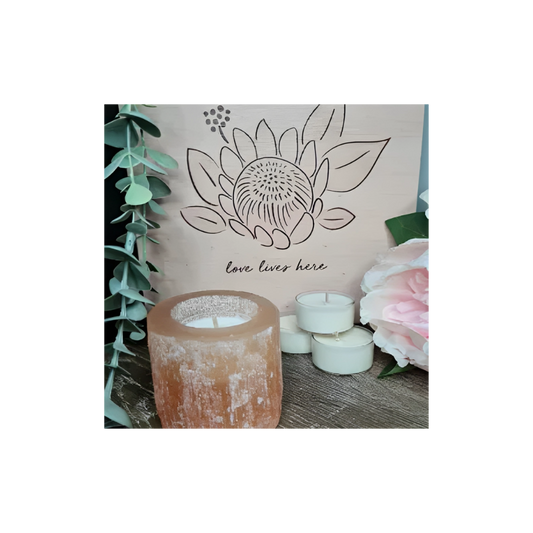 SELENITE CANDLE HOLDER + 6 TEA LIGHTS - PEACH