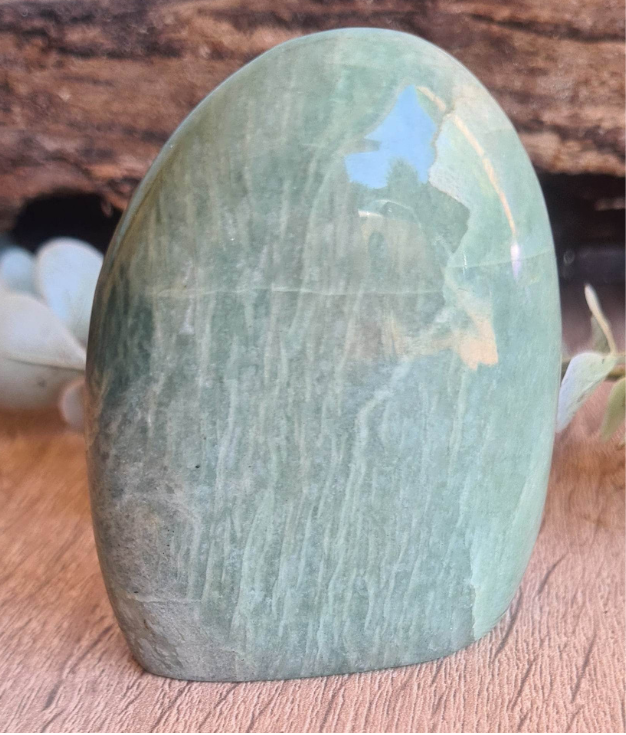 A polished amazonite freeform crystal displayed on a wooden surface with a blurred background.
