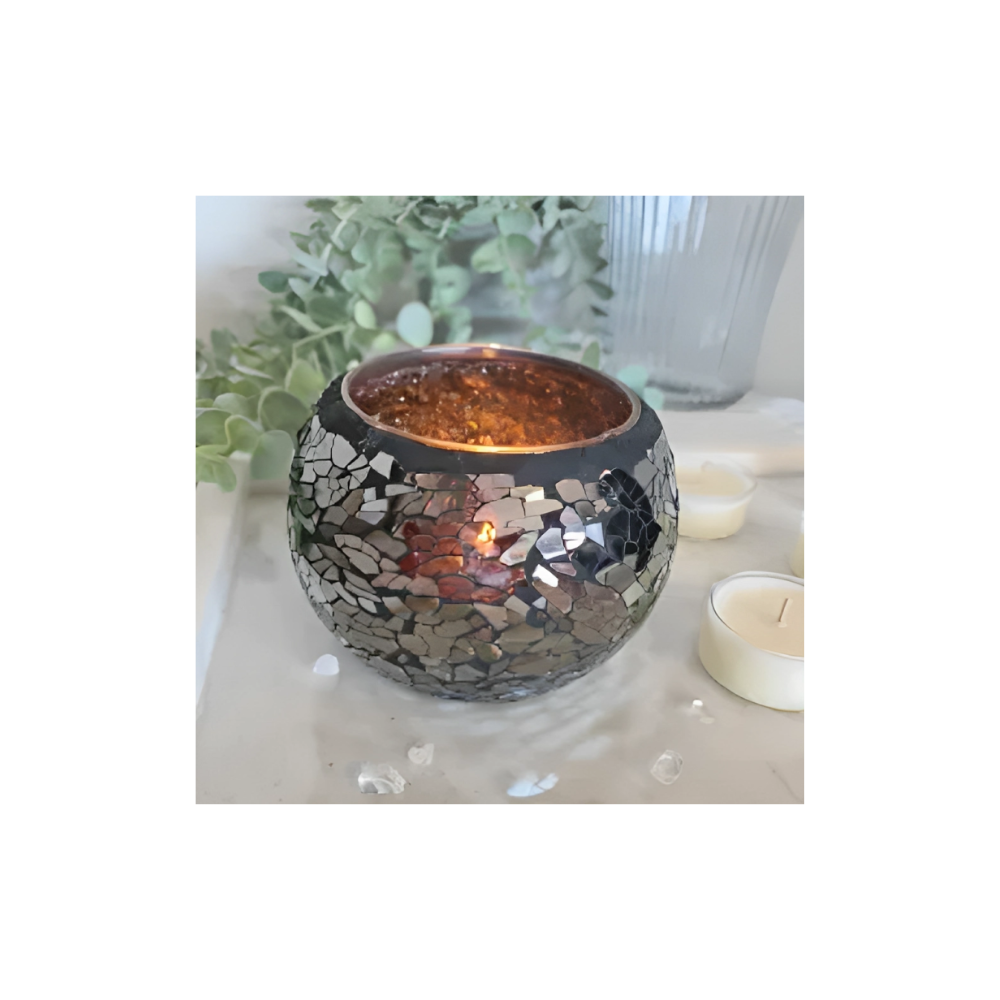 Black Mirror Crackle Mosaic Votive (Medium) – Candle Holder for Protection, Elegance & Energy Work