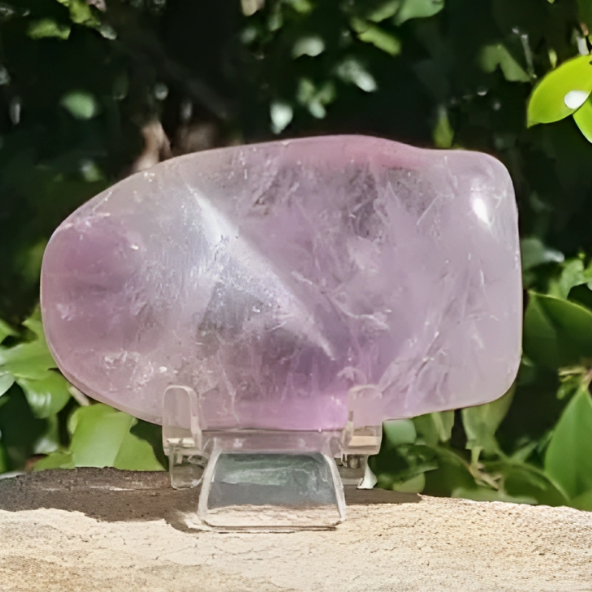 A polished amethyst free form displayed on a stand with a blurred background.