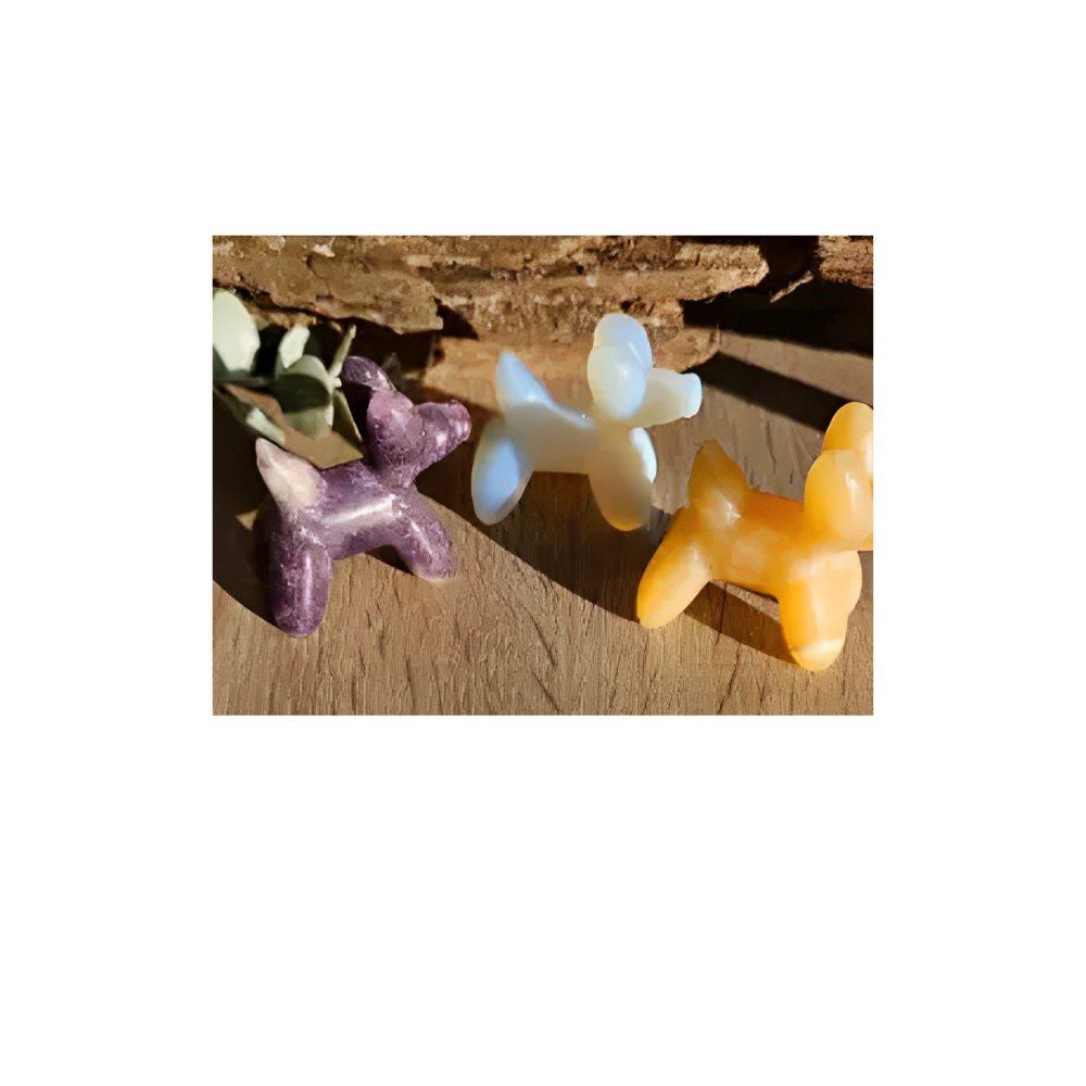 Crystal Balloon Dog – Carved in Orange Calcite, Opalite & Lepidolite