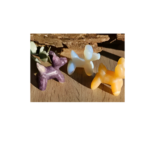 Crystal Balloon Dog – Carved in Orange Calcite, Opalite & Lepidolite