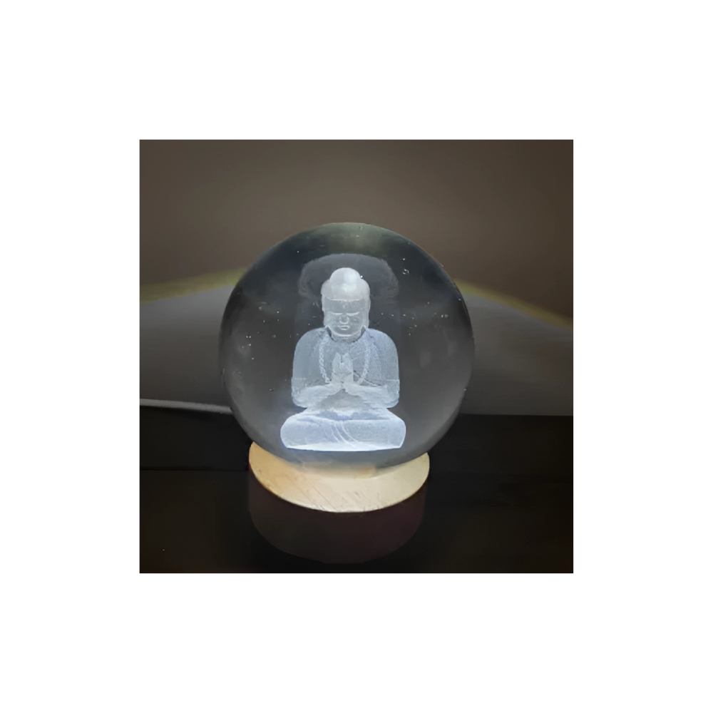 Buddha Crystal Sphere with LED Light Base – Peace, Healing & Display Piece