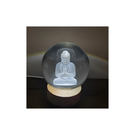 Buddha Crystal Sphere with LED Light Base – Peace, Healing & Display Piece