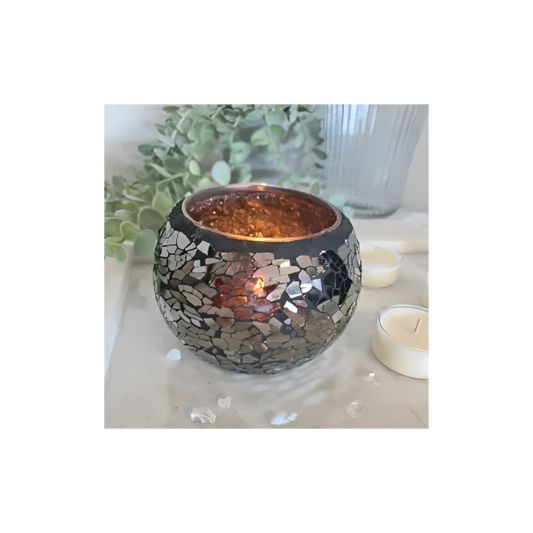 Black Mirror Crackle Mosaic Votive (Medium) – Candle Holder for Protection, Elegance & Energy Work